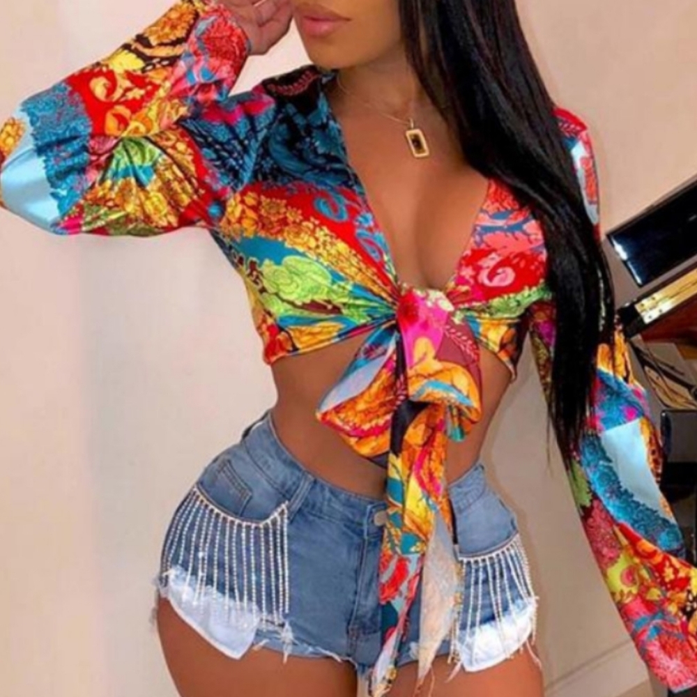 Floral Print Deep V Knotted Top
